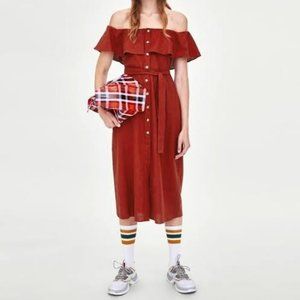Zara Off Shoulder Linen Blend Button Front Midi Dress - Terracotta Brick